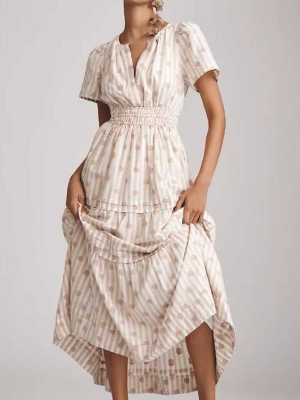 Anthropologie Somerset Beige  Maxi Smocked  Dress